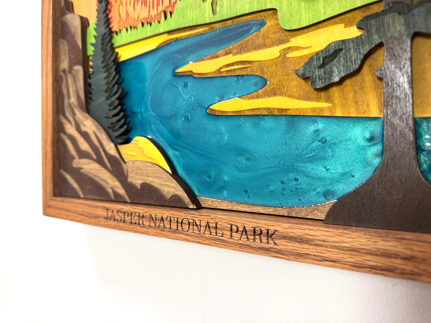 Handcrafted Jasper National Park Landscape with Epoxy Resin and Wooden Frame | 13" x 19.25"