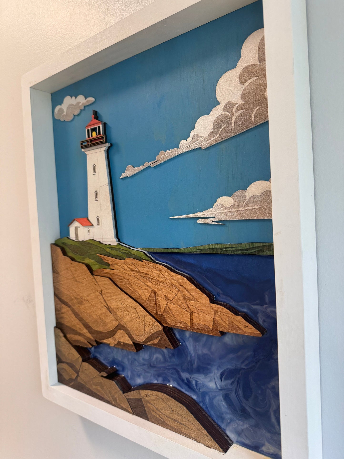 Handcrafted Peggy's Cove Lighthouse with Epoxy Resin and Wooden Frame, Multilayered with 3D effect | 13.25" X 16.25" inch