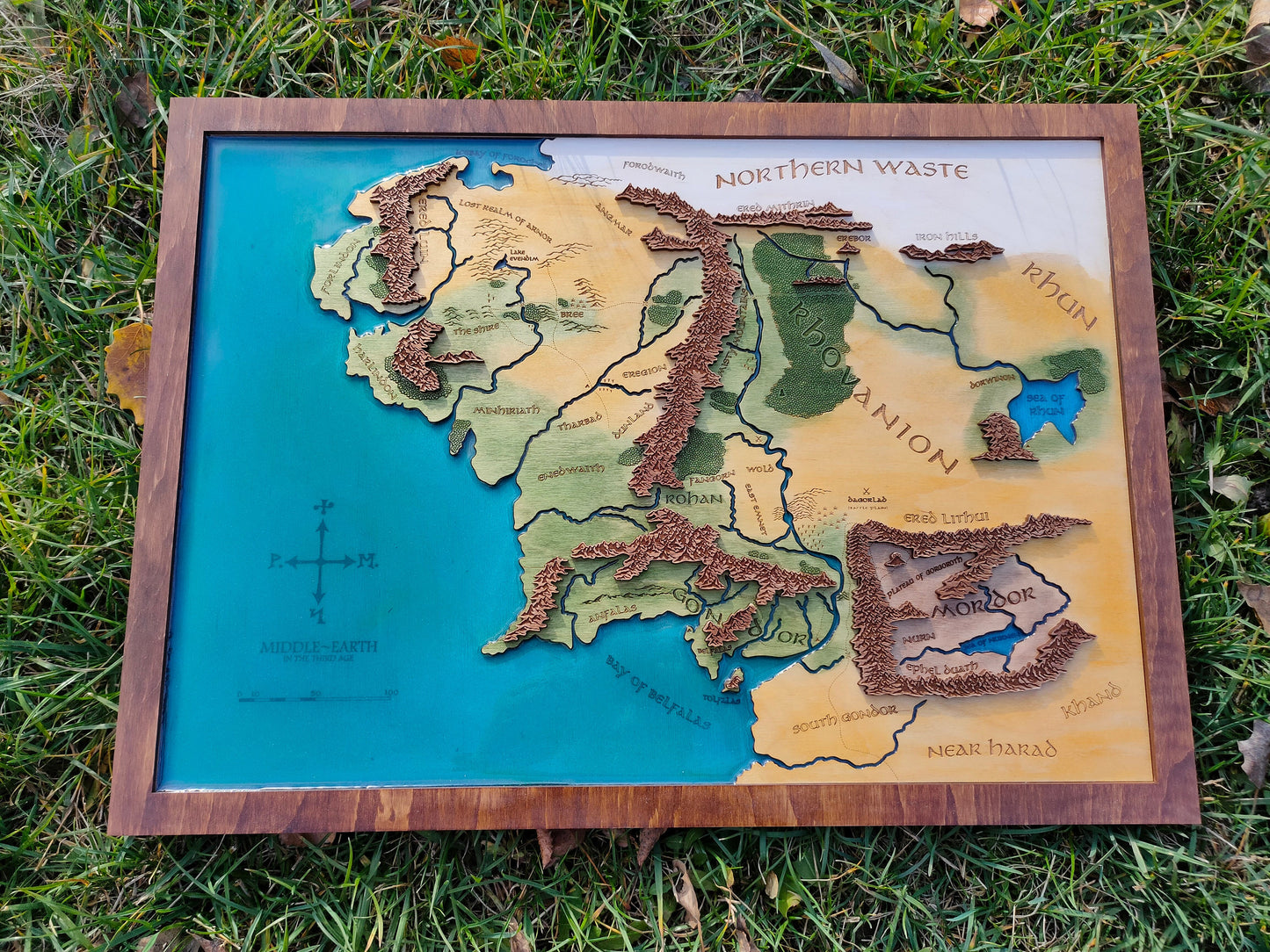 Wooden Map of Middle Earth | Lord of the Rings Wall Art | Laser-Cut Wooden Map with Epoxy Resin Water and Walnut Frame