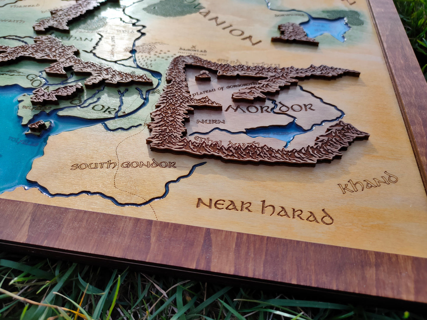 Wooden Map of Middle Earth | Lord of the Rings Wall Art | Laser-Cut Wooden Map with Epoxy Resin Water and Walnut Frame