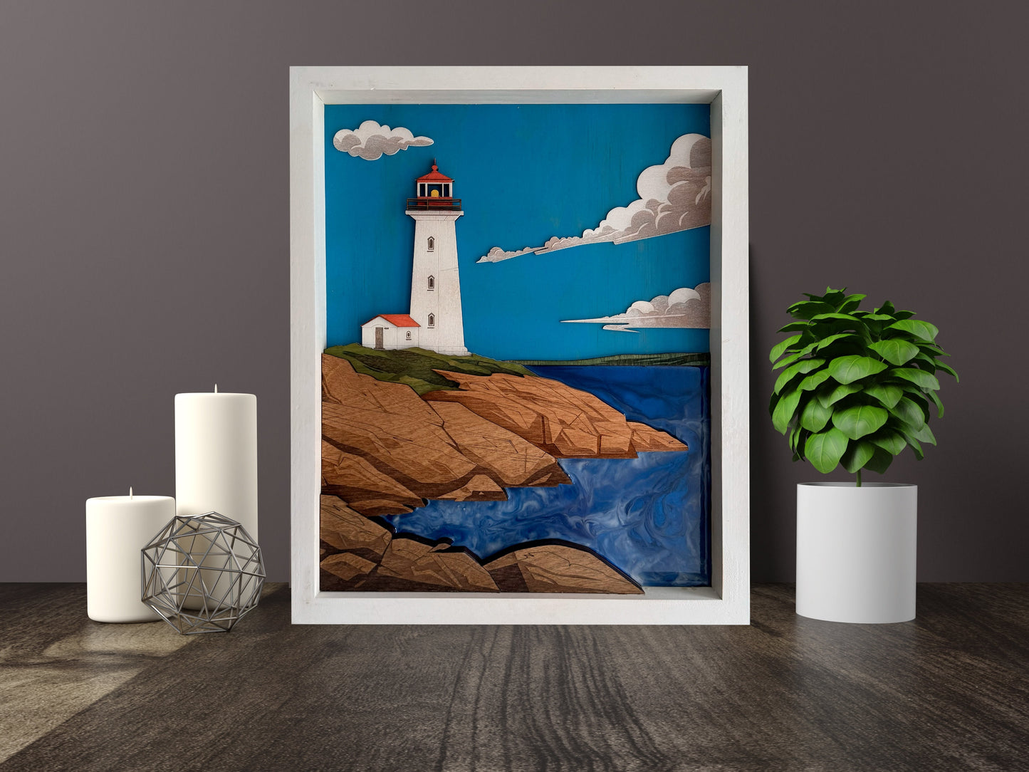 Handcrafted Peggy's Cove Lighthouse with Epoxy Resin and Wooden Frame, Multilayered with 3D effect | 13.25" X 16.25" inch