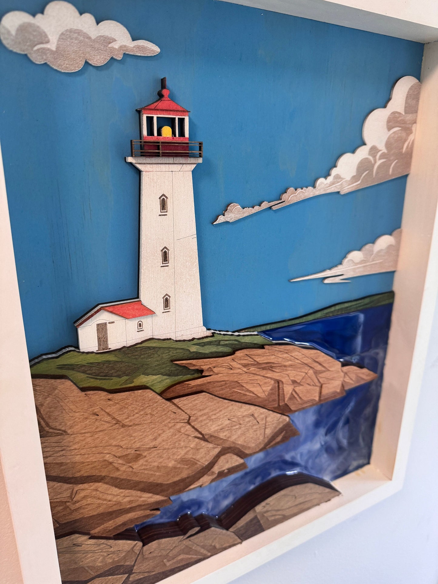 Handcrafted Peggy's Cove Lighthouse with Epoxy Resin and Wooden Frame, Multilayered with 3D effect | 13.25" X 16.25" inch