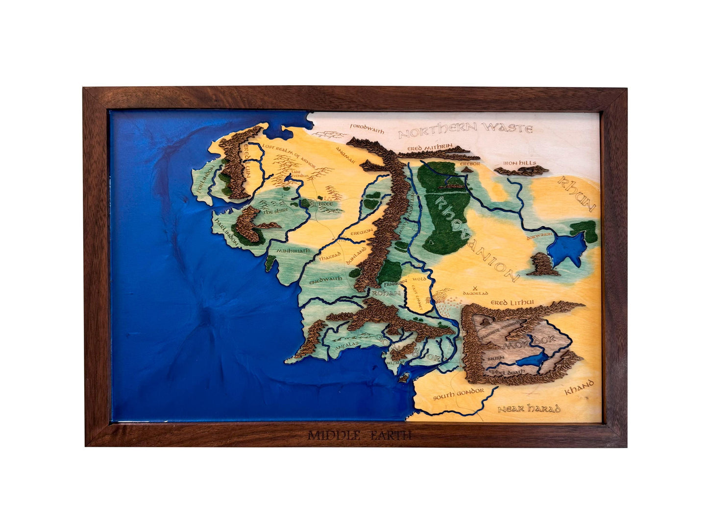 Wooden Map of Middle Earth | Lord of the Rings Wall Art | Laser-Cut Wooden Map with Epoxy Resin Water and Walnut Frame