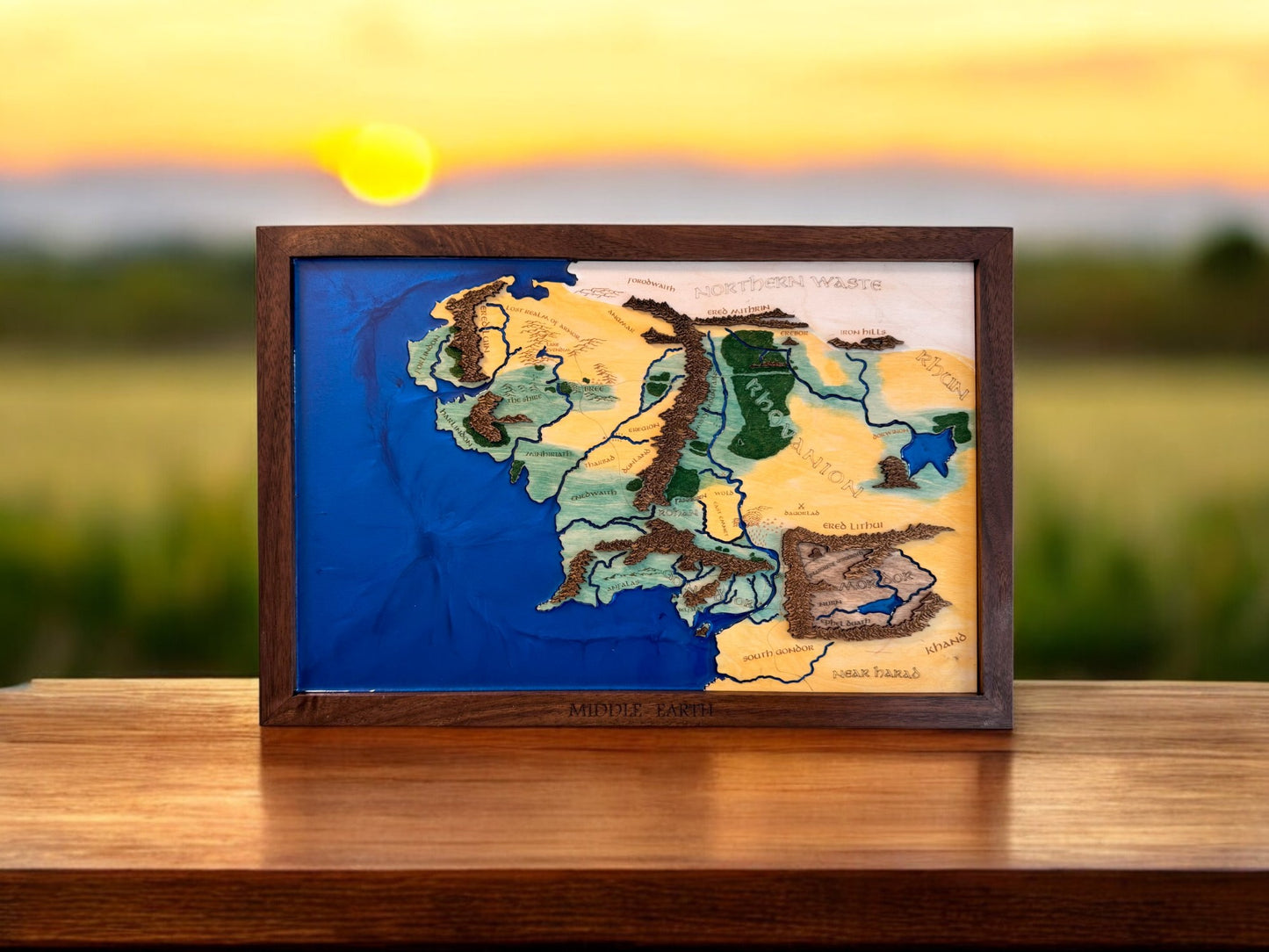 Wooden Map of Middle Earth | Lord of the Rings Wall Art | Laser-Cut Wooden Map with Epoxy Resin Water and Walnut Frame